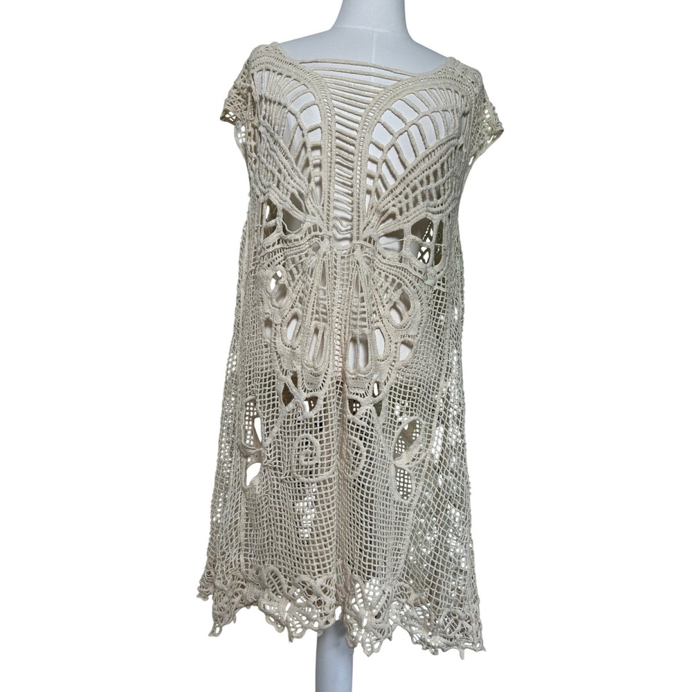 VTG Y2K Butterfly Crochet Tunic Top Cream Cotton One Size Boho Beach Coverup